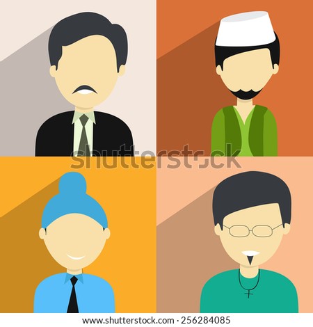 Set of four religion character with a Hindu man, Muslim man, Sikh boy and a Christian  boy on colorful background.
