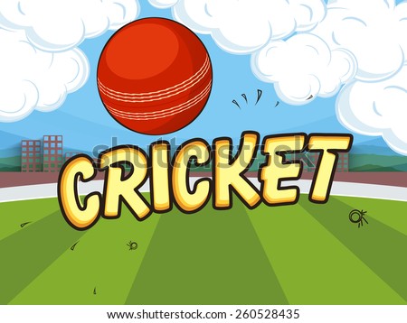 Red ball on cloudy stadium background for Cricket concept.