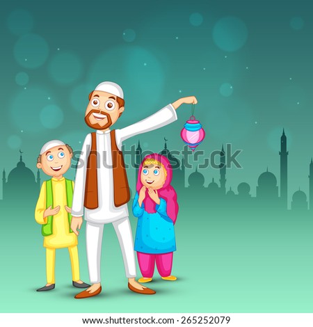 Happy religious muslim family, Father and kids on the occasion of Islamic holy month of prayers, Ramadan Kareem.