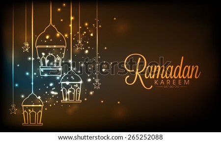 Hanging lanterns on shiny brown background, concept for Muslim community holy month of prayers, Ramadan Kareem.