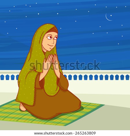 Religious Muslim lady, reading Namaz (Namaz, Muslim prayer) in the night, Concept for Islamic holy month of prayers, Ramadan Kareem.