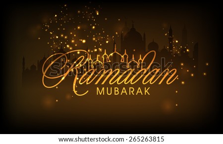 Stylish golden text Ramadan Mubarak on shiny brown background for Islamic holy month of prayers.