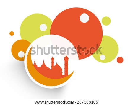 Colorful stickies  with mosque on crescent moon for Islamic holy month of prayers Ramadan Kareem celebrations.