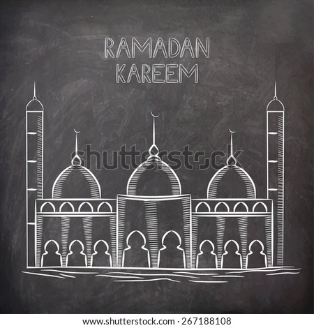 Illustration of a mosque on black chalk board, concept for Islamic holy month of prayers, Ramadan Kareem celebrations.