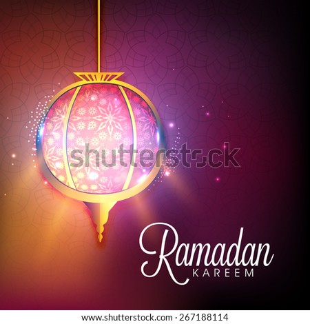 Illuminated hanging lantern on shiny purple and orange color for Islamic holy month of prayers, Ramadan Kareem celebrations.
