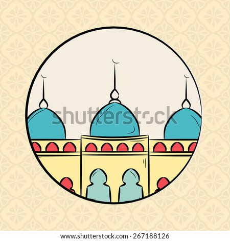Vintage greeting card design for Islamic holy month of prayers Ramadan Kareem celebrations with mosque and people reading namaz (Muslim\'s prayer on seamless pattern.