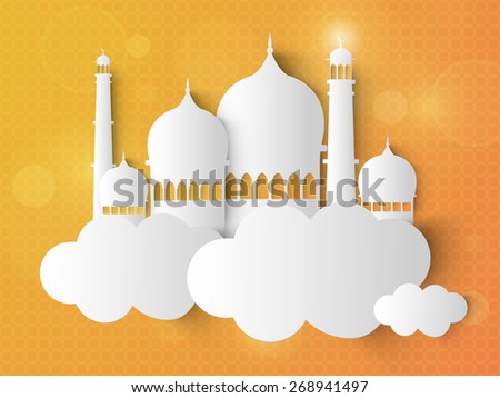 Beautiful mosque in between white clouds on yellow background for Islamic holy month of prayers, Ramadan Kareem celebrations.