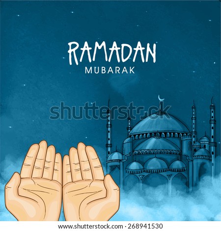 Illustration of hands praying namaz (Muslim\'s Prayer) infront of mosque in blue night for Islamic holy month of prayers, Ramadan Mubarak celebration.