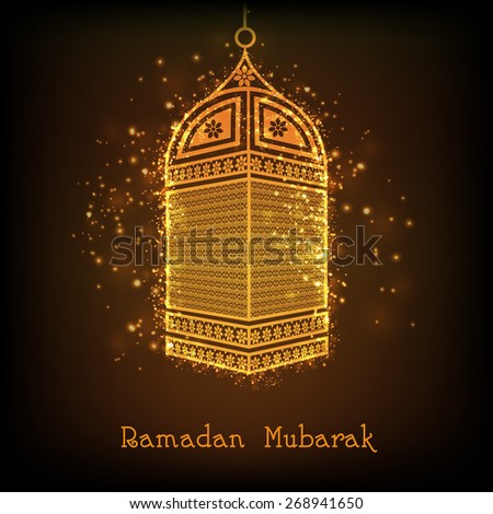 Beautiful golden arabic lantern on shiny brown background for Islamic holy month of Prayers, Ramadan Kareem celebrations.