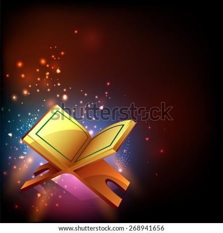 Islamic holy month of prayers, Ramadan Kareem celebrations with open golden pages islamic religious book Quran Shareef on colourful shiny background.