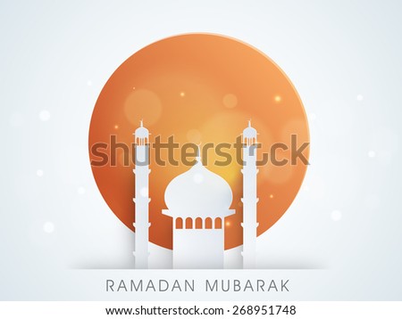 Stylish white mosque for Islamic holy month of prayers, Ramadan Mubarak celebrations.
