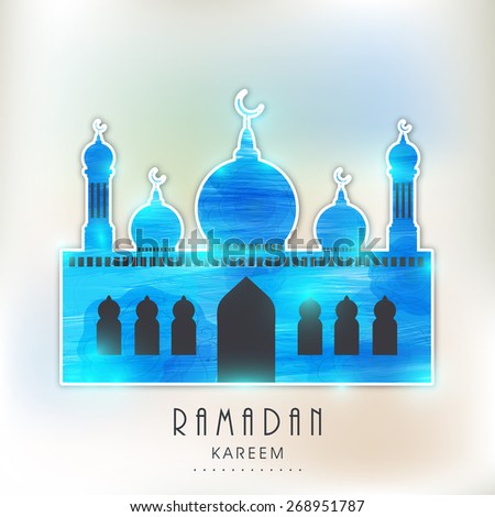 Shiny blue mosque for Islamic holy month of prayers, Ramadan Kareem celebrations.