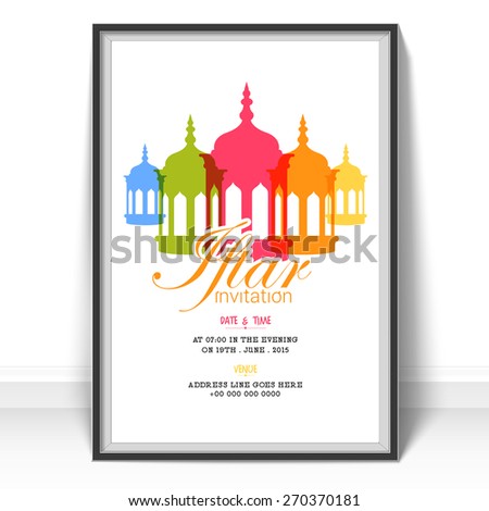 Islamic holy month of prayers Ramadan Kareem celebrations, Invitation card design for Iftar Party with colorful lanterns on white background.