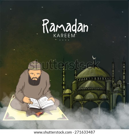 Islamic month of prayers, Ramadan Kareem celebration with illustration of a Muslim man reading Quran Shareef on mosque decorated background.