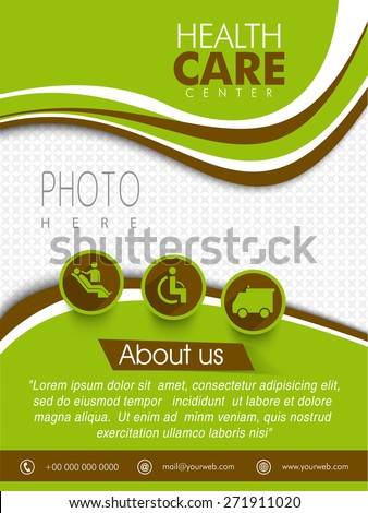 Health Care Center template, brochure or flyer design with place holder for your photo and medical symbols.