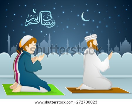 Illustration of muslim people in traditional outfit reading Namaaz, islamic prayer in front of islamic mosque for holy month of prayer, Ramadan Kareem celebration.
