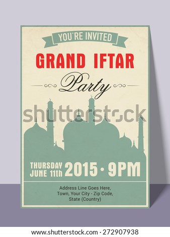 Islamic holy month of prayer, Ramadan Kareem Iftar party celebration invitation card with date, time and place details.