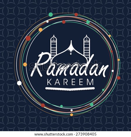 Stylish text Ramadan Kareem and mosque in a rounded frame for Islamic holy month of prayer celebration on seamless background.