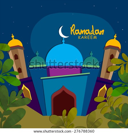View of a beautiful mosque in blue night background for Islamic holy month of prayers Ramadan Kareem celebrations.