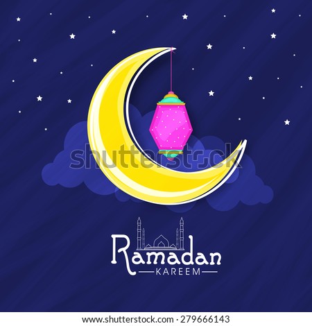 Islamic holy month of prayer, Ramadan Kareem celebration with crescent moon and Arabic lantern on night view background.