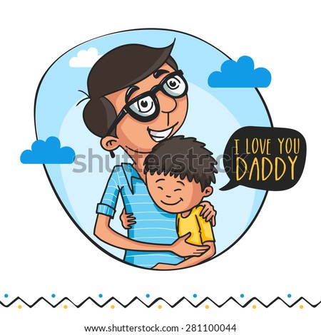 Cute little boy hugging and saying 'I Love You Daddy' to his father, beautiful greeting card design for Happy Father's Day celebrations.