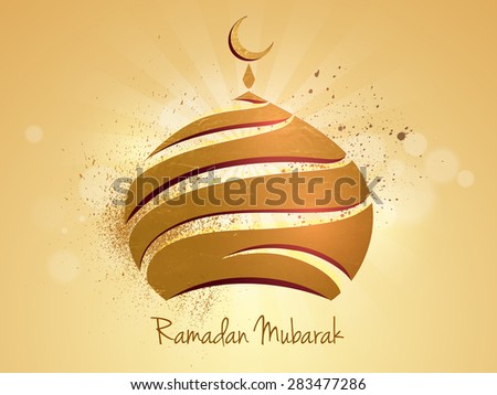 Beautiful golden upper part of a mosque on shiny rays background for Islamic holy month of prayers, Ramadan Kareem celebration.