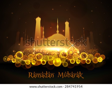 Shiny golden mosque on brown night background for Islamic holy month of prayers, Ramadan Mubarak celebration.
