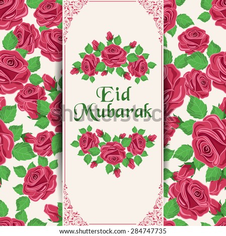Beautiful greeting card design decorated witth rose flowers for Muslim community festival, Eid celebration.