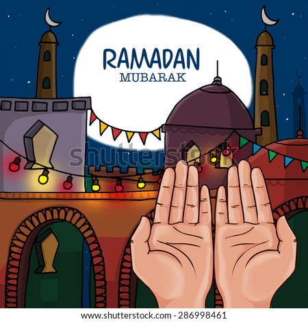 Praying human hands infront of mosque, concept for Islamic holy month of fasting and prayers celebrations, Ramadan Mubarak celebrations.