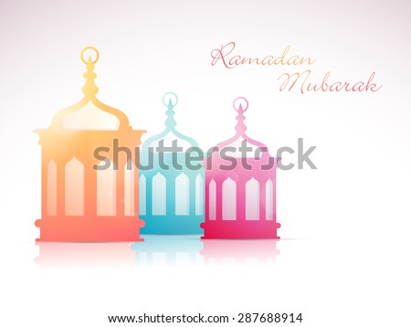 Beautiful colorful traditional lanterns on glossy background for Islamic holy month of prayers, Ramadan Mubarak celebration.
