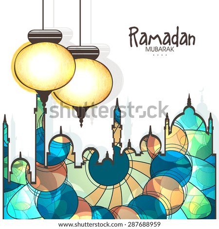 Illuminated Arabic hanging lanterns with creative shiny mosque for Islamic holy month of prayers, Ramadan Kareem celebration.