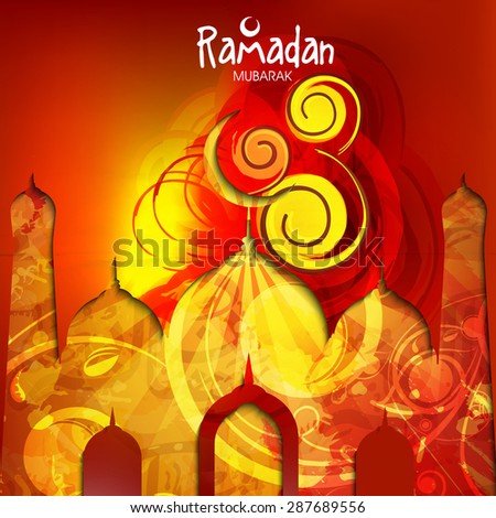 Creative mosque design on shiny red background for Islamic holy month of prayers, Ramadan Kareem celebration.
