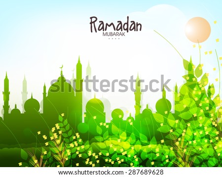 Shiny mosque behind green leaves for Islamic holy month of prayers, Ramadan Kareem celebration.