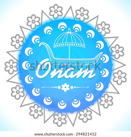 Creative floral design decorated blue frame with illustration of snakeboat under umbrella on shiny background for South Indian festival Happy Onam celebration Creative floral design decorated blue frame with illustration of snakeboat under umbrella on shiny background for South Indian festival Happy Onam celebration