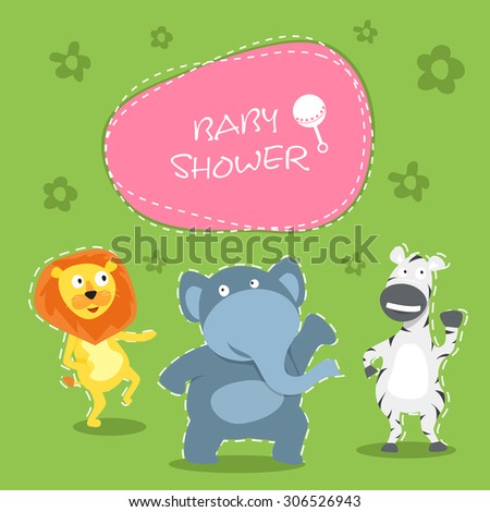 Cute creative cartoon of animals with stylish text over green background for baby shower celebrations, can be used as greeting card or invitation card design.