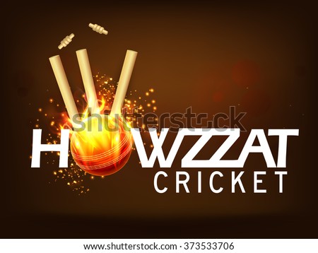 Stylish text Howzzat with fiery Ball hit the Wicket Stumps on brown background for Cricket Sports concept.