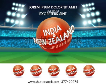 Cricket Sports concept with illustration of participant countries names on creative balls in stadium lights.