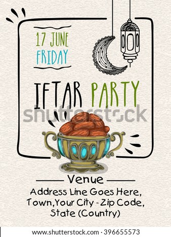 Creative Invitation Card design with illustration of sweet dates in traditional pot for Ramadan Kareem, Iftar Party celebration.