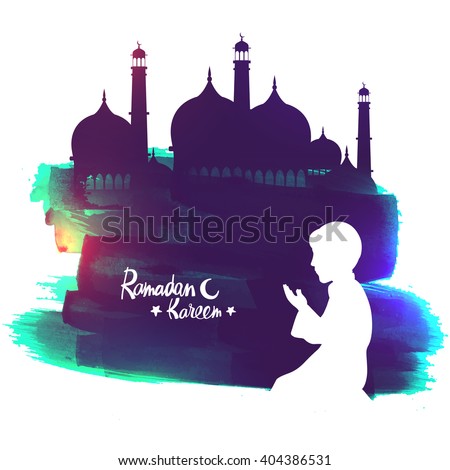 White silhouette of a Islamic boy offering Namaz (Muslims Prayer) in front of a creative Mosque for Ramadan Kareem celebration.