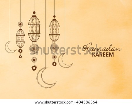 Traditional floral lanterns with crescent moons on beige background for Holy Month of Prayers, Ramadan Kareem celebration.
