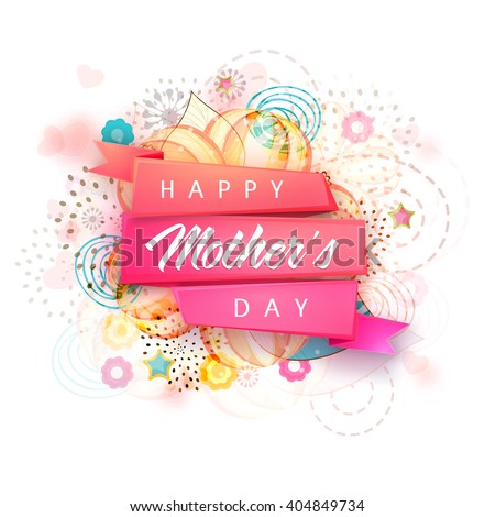 Creative glossy ribbon with stylish text Happy Mother's Day on floral design decorated background.