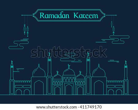 Creative flat illustration of a Mosque on blue background for Islamic Holy Month of Prayers, Ramadan Kareem celebration.