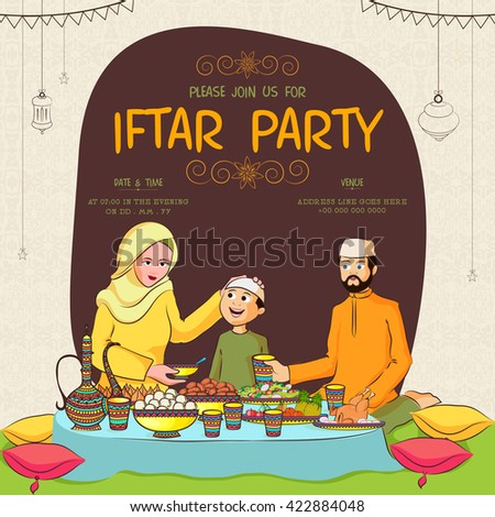 Holy Month of Prayers, Ramadan Kareem, Iftar Party Invitation Card Design with illustration of a happy family enjoying delicious food.