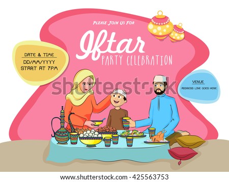 Holy Month of Prayers, Ramadan Kareem, Iftar Party Invitation Card Design with illustration of a Islamic Family enjoying delicious food.