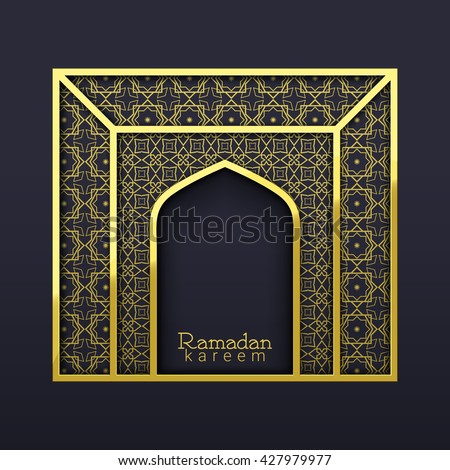 Golden Arabic ornaments decorated Arch on grey background for Islamic Holy Month of Prayer, Ramadan Kareem celebration.
