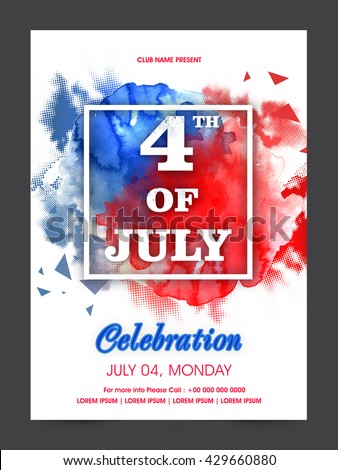 White Text 4th of July on abstract flag colors splash background, Creative Pamphlet, Banner, Flyer or Invitation for American Independence Day celebration.
