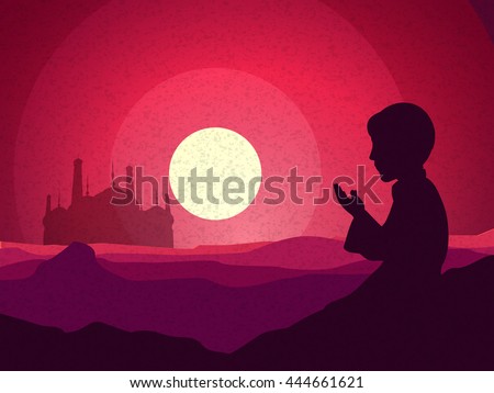 Religious Muslim Boy reading Namaz (Islamic Prayer) in front of a Mosque, Beautiful view of desert in full moonlight night, Creative illustration for Muslim Community Festival celebration.