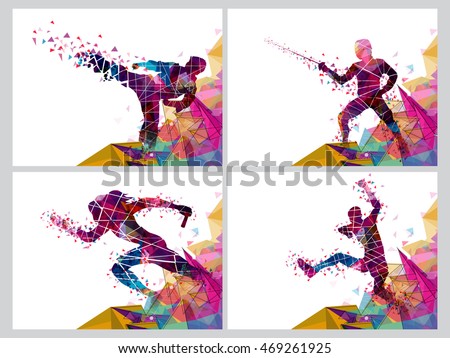 Set of four Sports Poster, Banner or Flyer, Creative illustration of Runner, Fencing Player and Martial Art Player made by colorful abstract design.