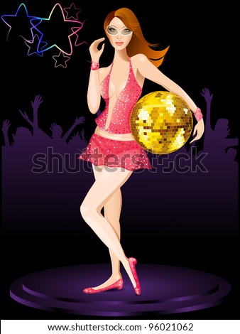 Vector illustration of a beautiful woman with disco ball and dancing people silhouette in background.
