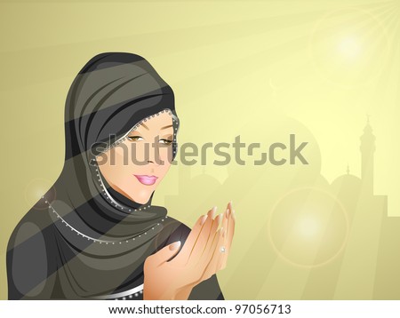 Young Muslim woman in hijab doing prayer, eps 10. Vector illustration.